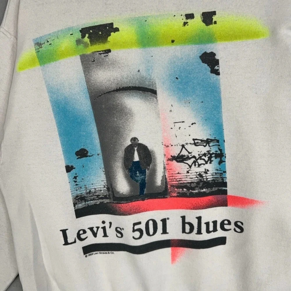 Vintage Levis Sweatshirt Mens Small White 501 Blues Pullover Double Sided 1988